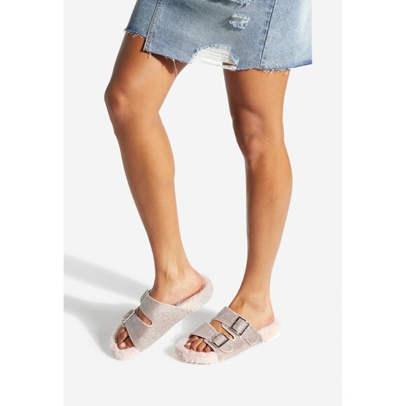 NIB Emiko Rhinestone Fuzzie Slide Women Sandals Flat Pink Faux Fur Buckle Size 9 - Picture 2 of 8